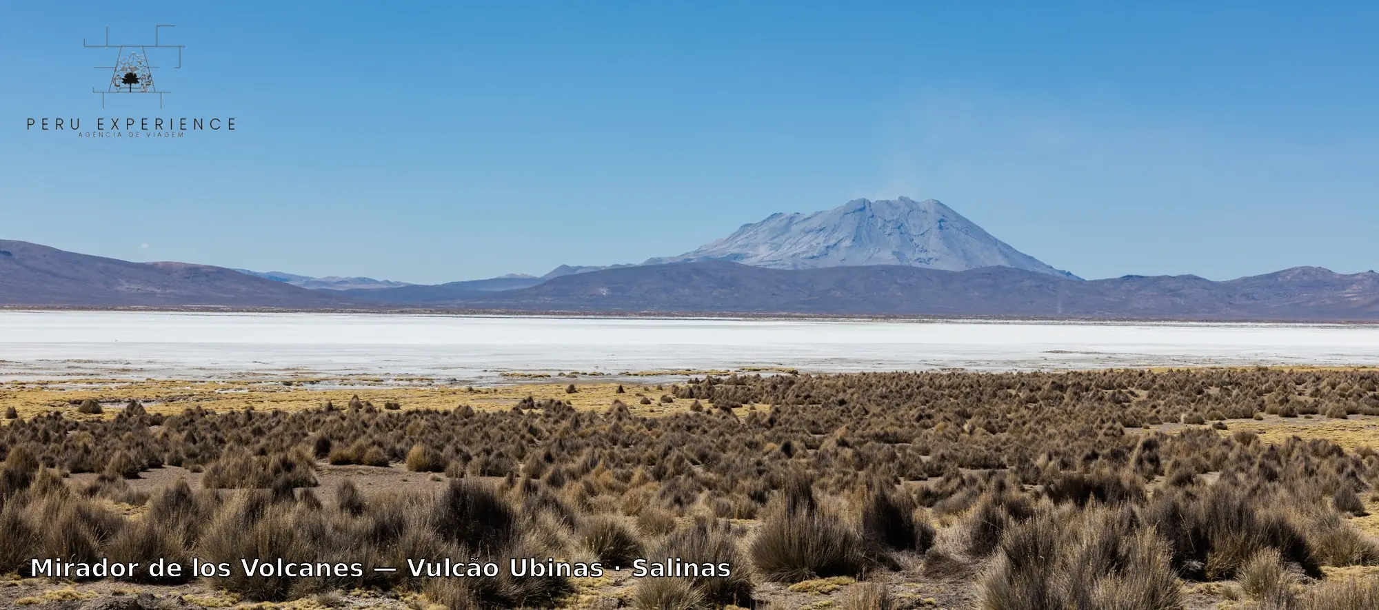 Vulcão Ubinas coberto de neve ao fundo do salar branco da Laguna de Salinas, visto do altiplano com vegetação de ichu em primeiro plano, em Arequipa — vista da rota do tour com os vulcões representativos da região (Misti, Pichu Pichu e Ubinas)