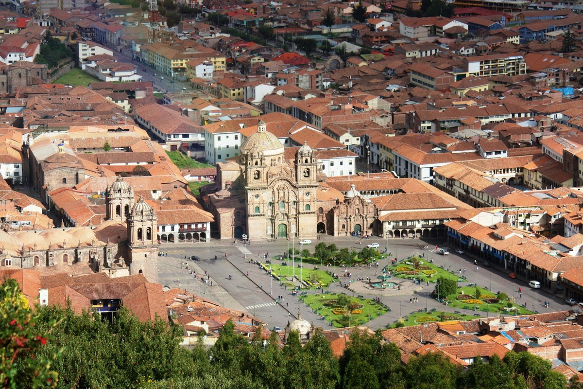 Cusco — vista aérea da Plaza de Armas, antiga capital do Império Inca a 3.400m de altitude, Patrimônio UNESCO